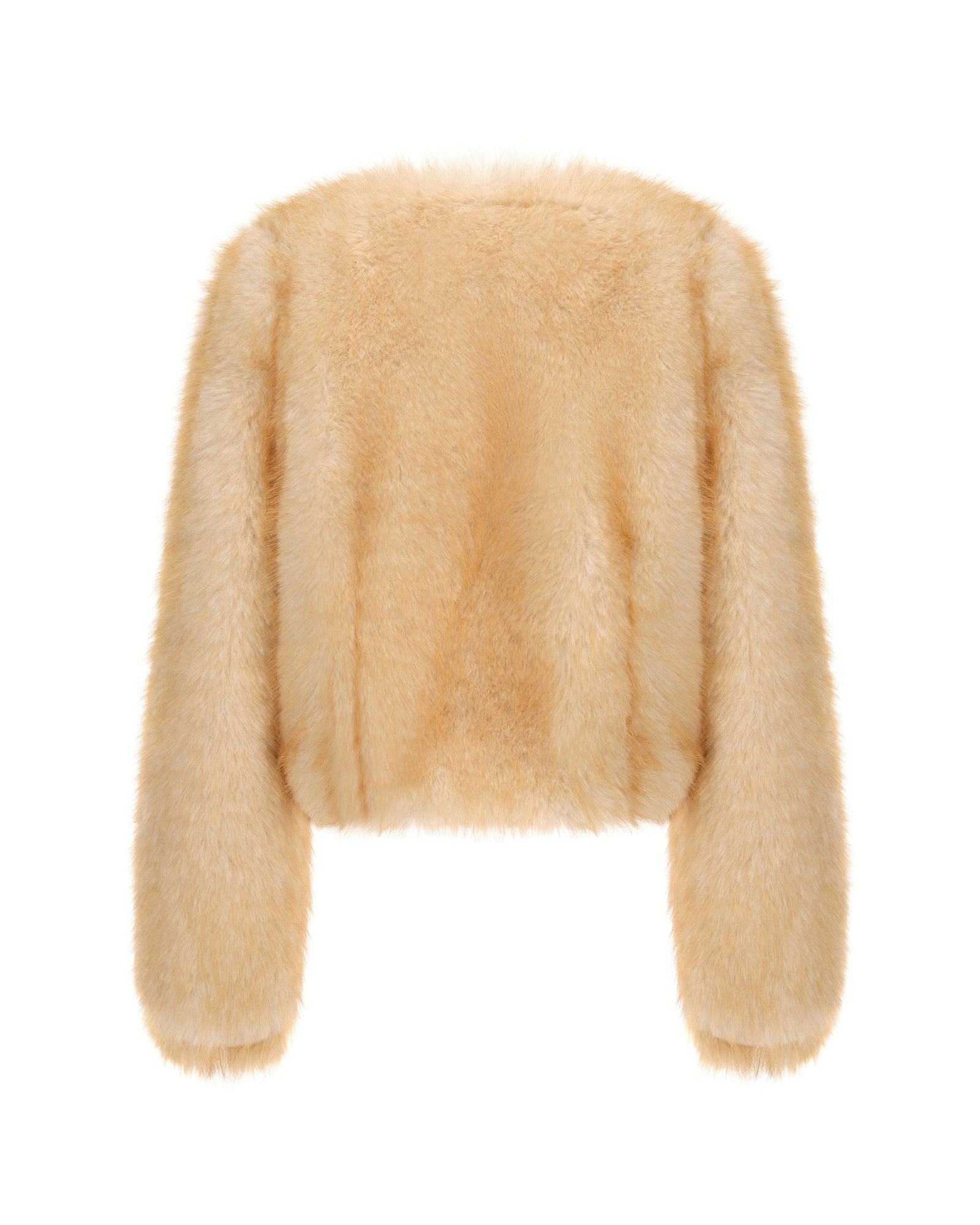 Short yellow faux fur jacket on a white background