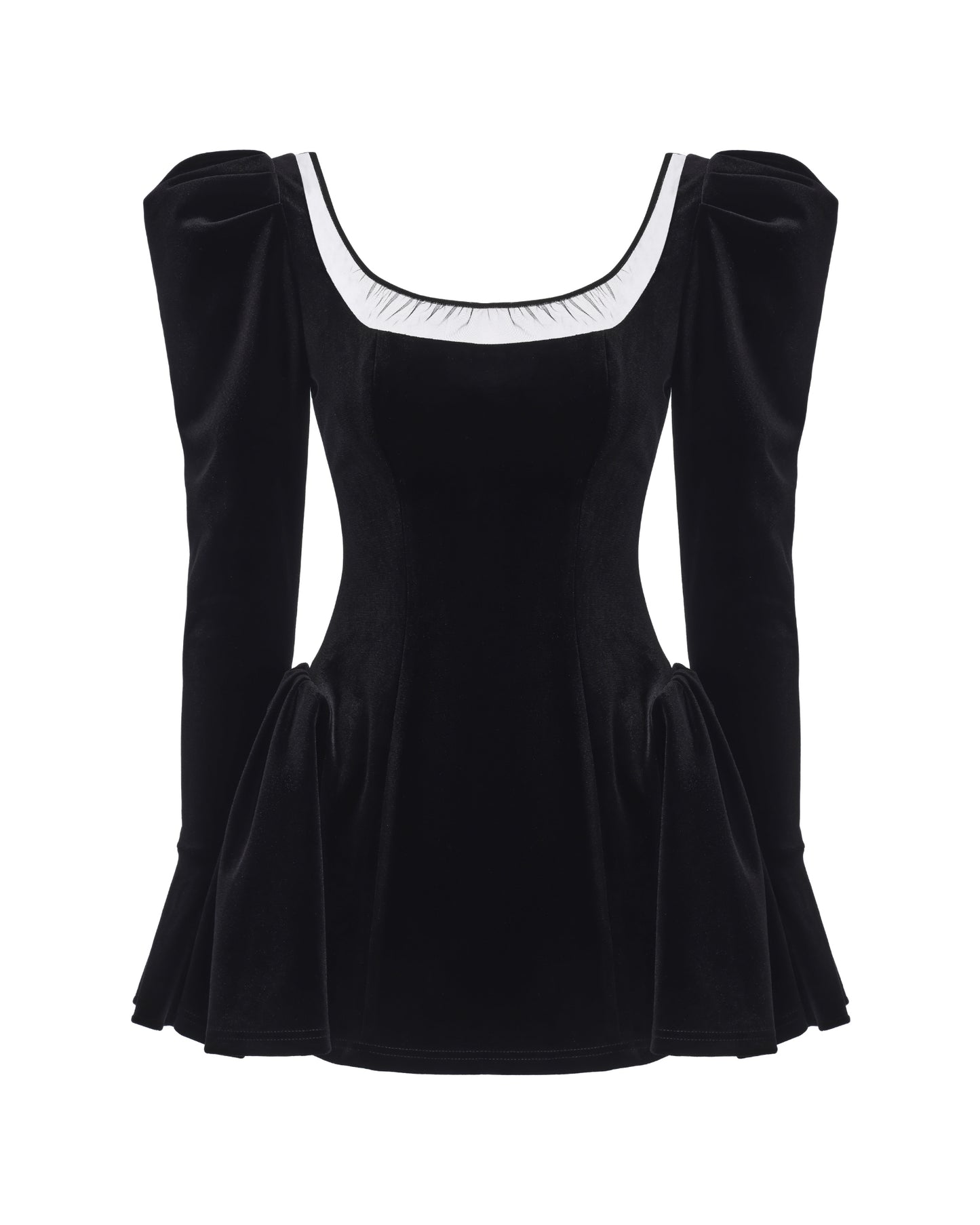 Black mesh and velvet long-sleeved mini dress on a white background