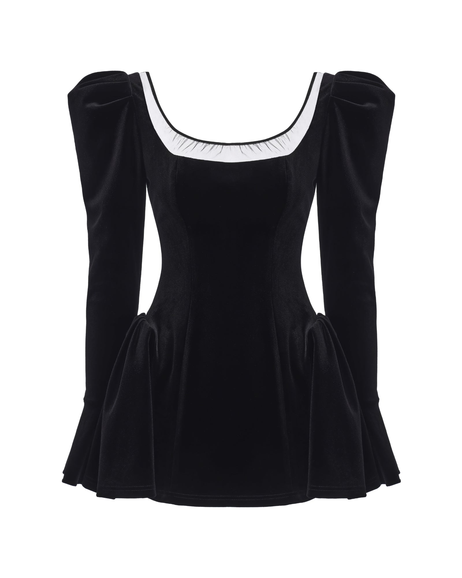 Black mesh and velvet long-sleeved mini dress on a white background