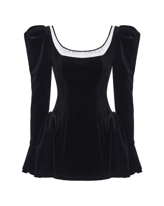 Black mesh and velvet long-sleeved mini dress on a white background