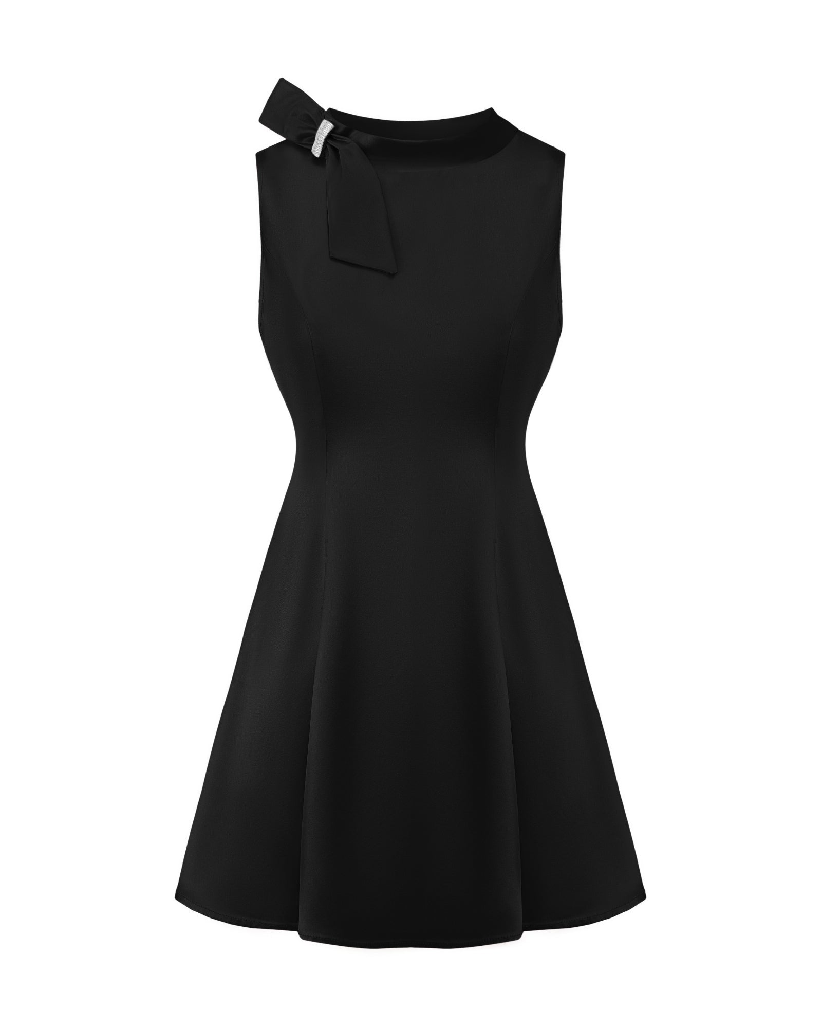 Black satin mini dress with a bow detail on a white background