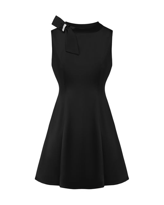 Black satin mini dress with a bow detail on a white background