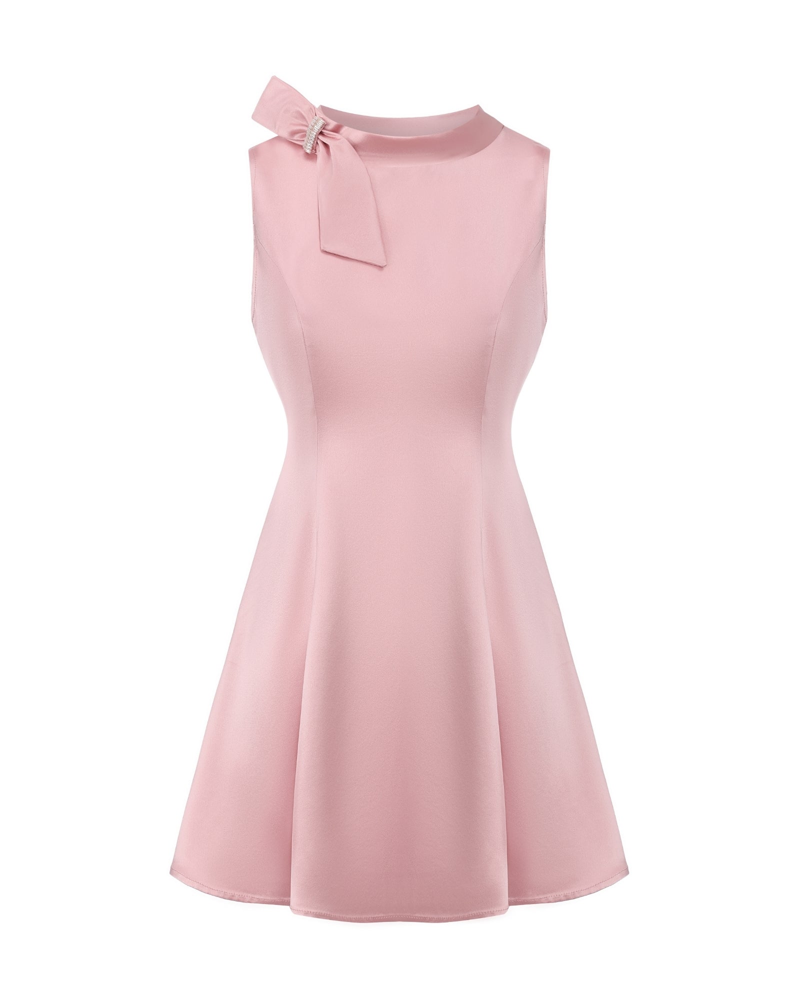 Pink satin mini dress with a bow detail on a white background