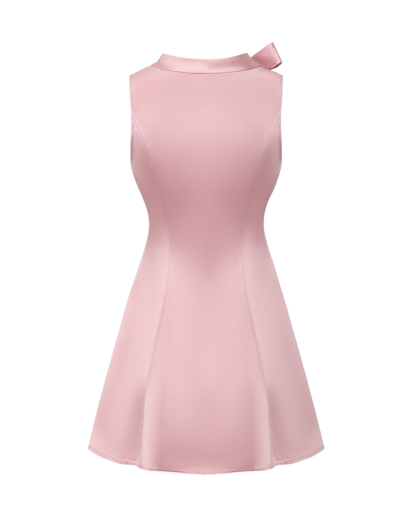 Pink satin mini dress with a bow detail on a white background