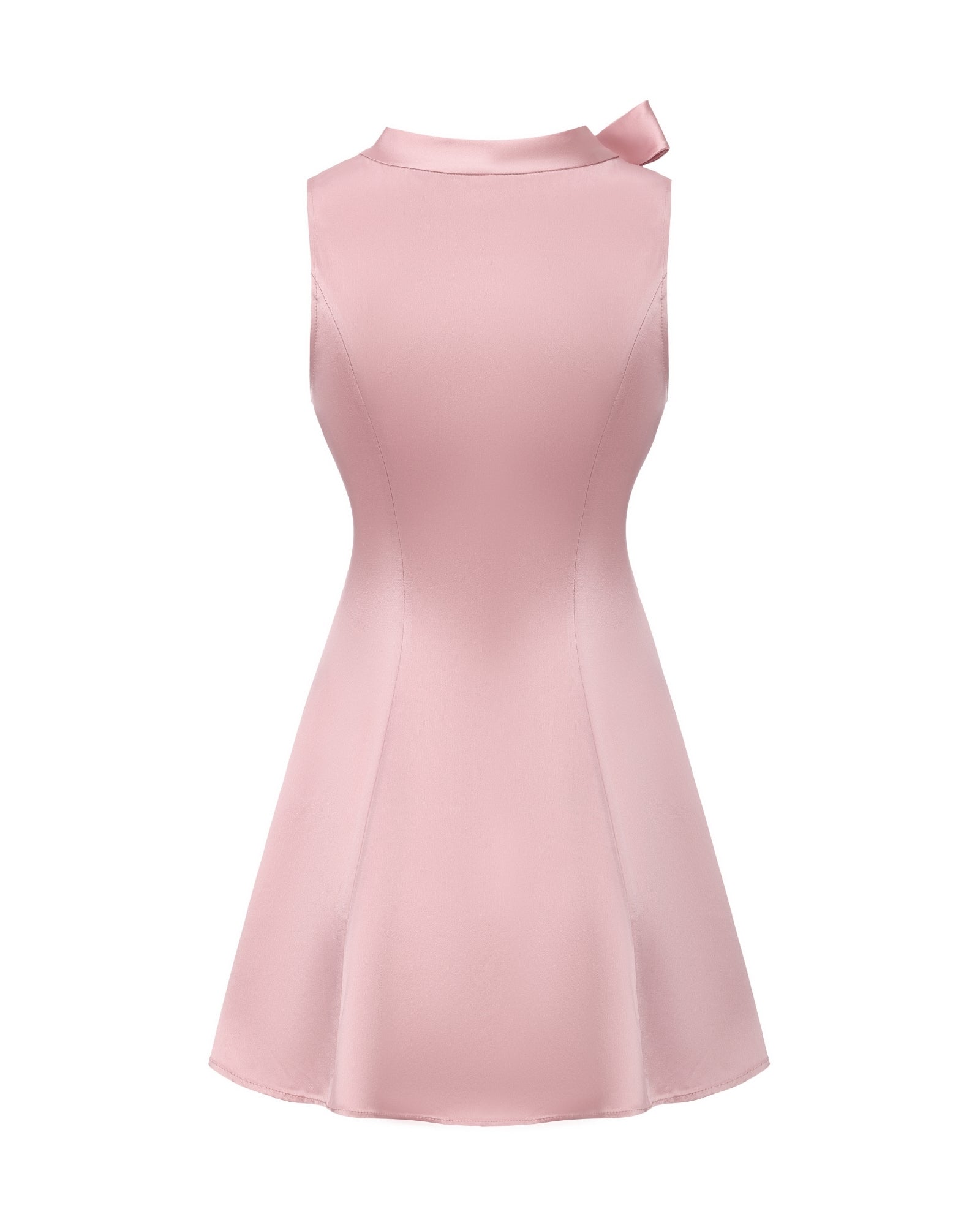 Pink satin mini dress with a bow detail on a white background