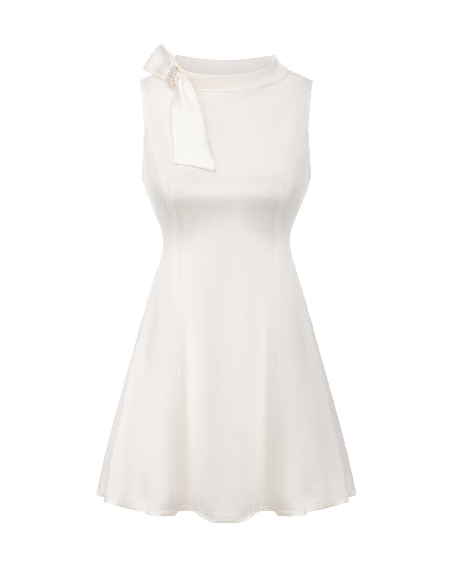 White sleeveless satin mini dress with a bow detail on a white background
