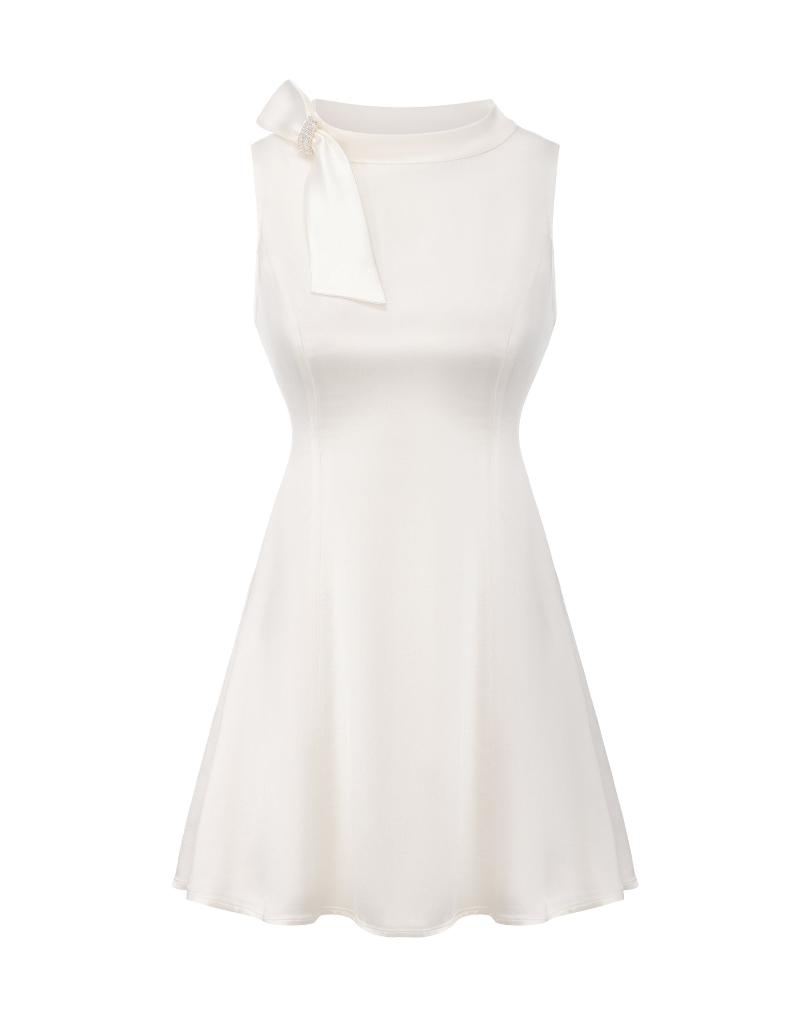 White sleeveless satin mini dress with a bow detail on a white background