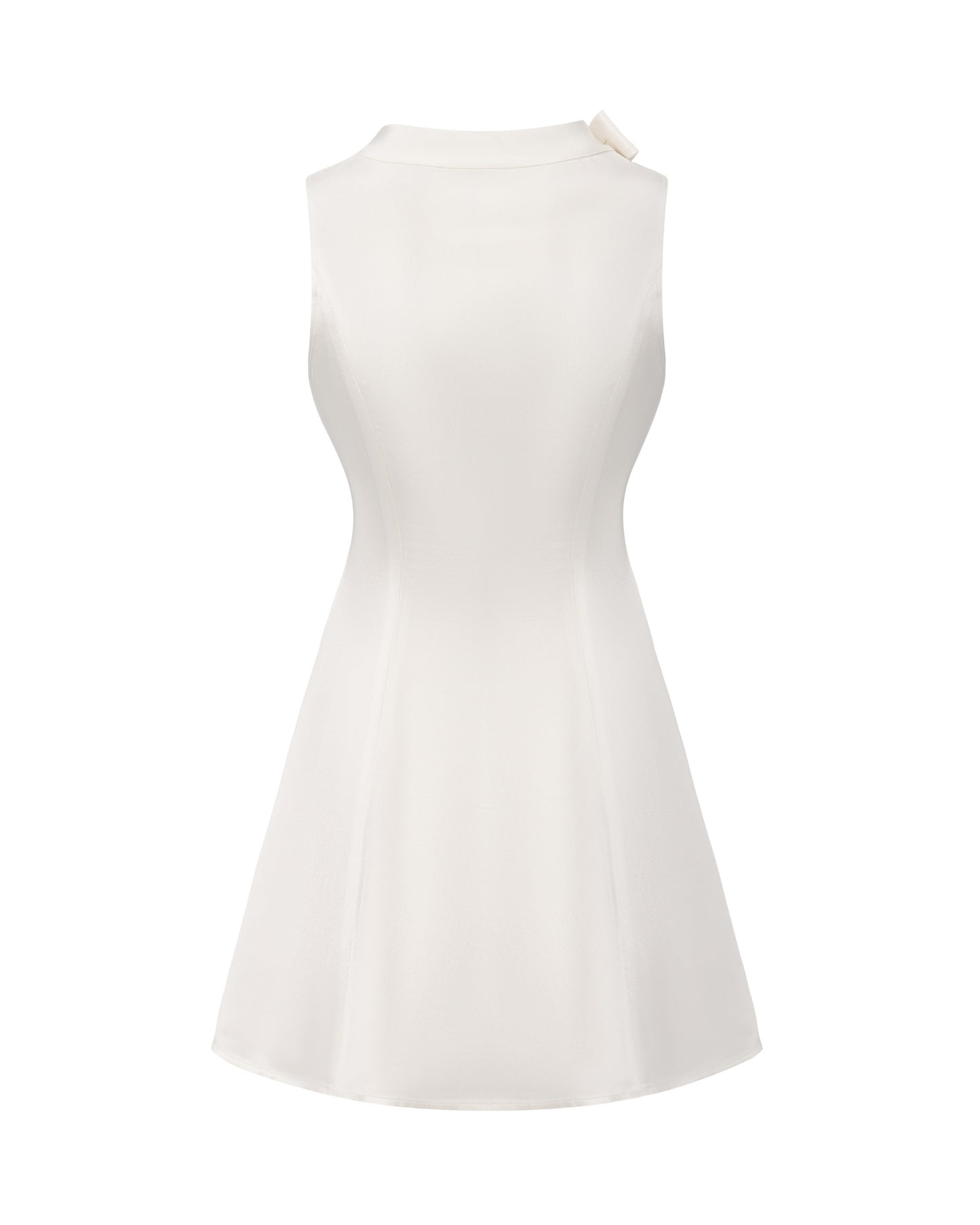 White sleeveless satin mini dress on a white background