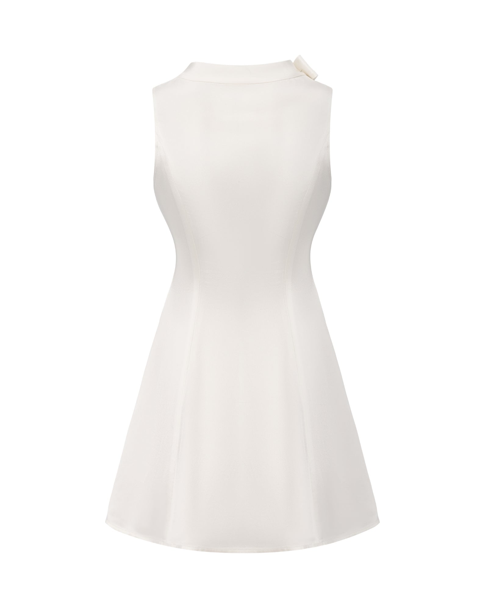 White sleeveless satin mini dress on a white background