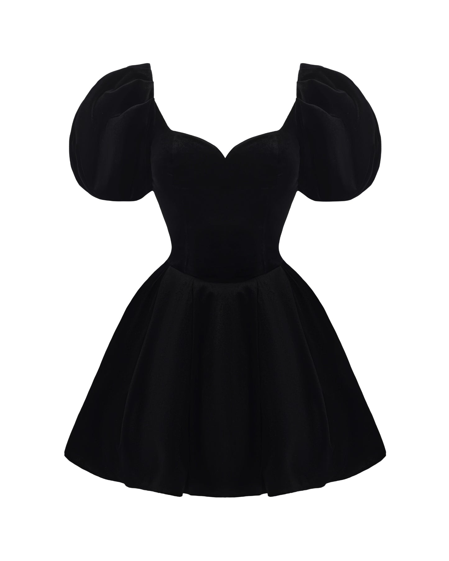 Black velvet mini dress with puffed sleeves on a white background