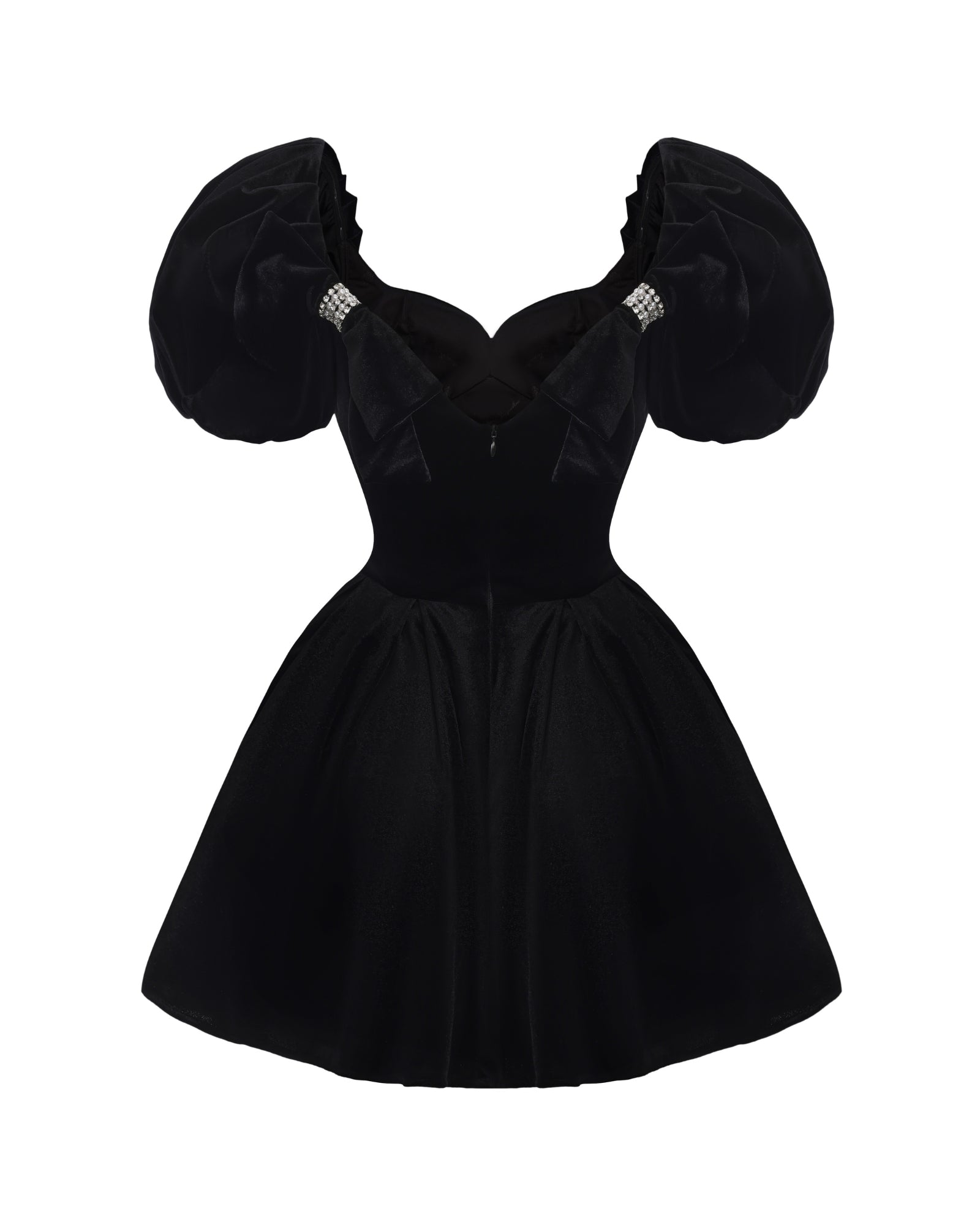 Black velvet mini dress with puffed sleeves on a white background