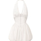 White satin halter mini dress on a white background