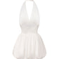 White satin halter mini dress on a white background