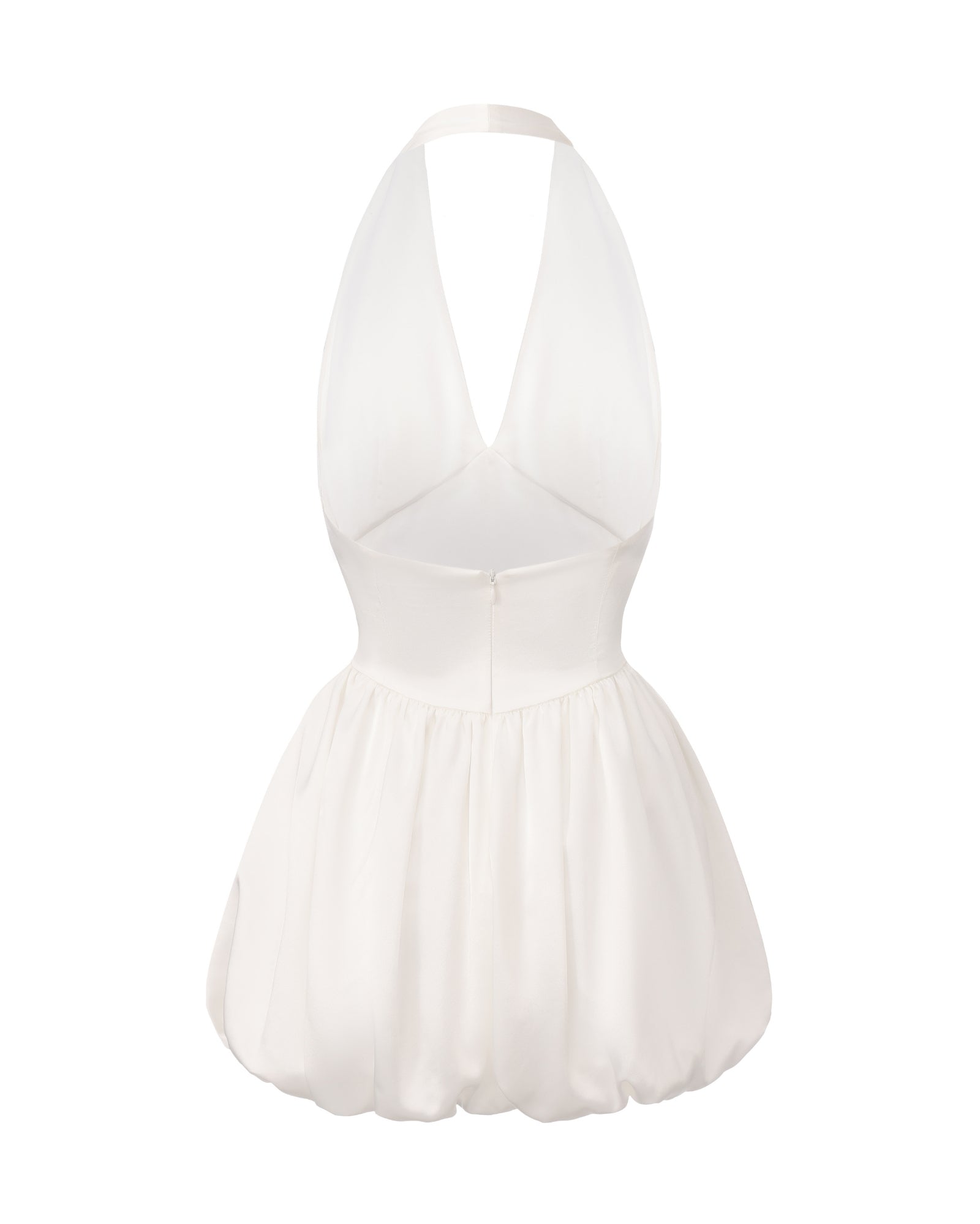 White satin halter mini dress on a white background