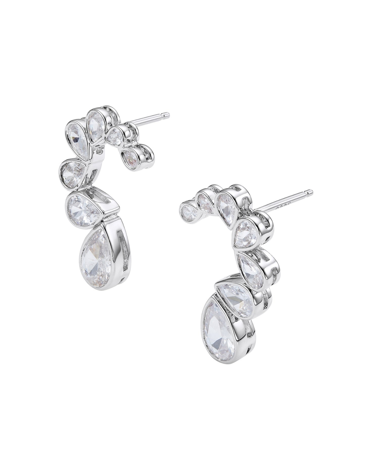 Pair of silver earrings with clear gemstones on a white background