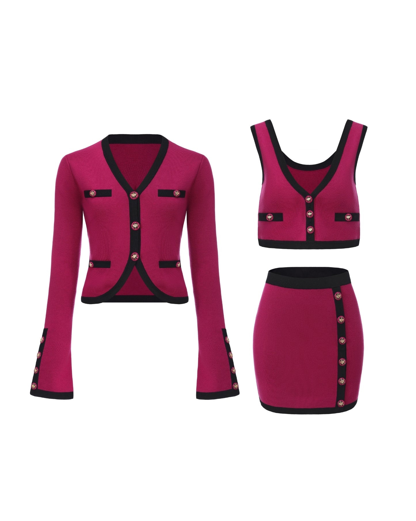 Magenta with black accents knit set with matching cardigan, top and skirt on a white background