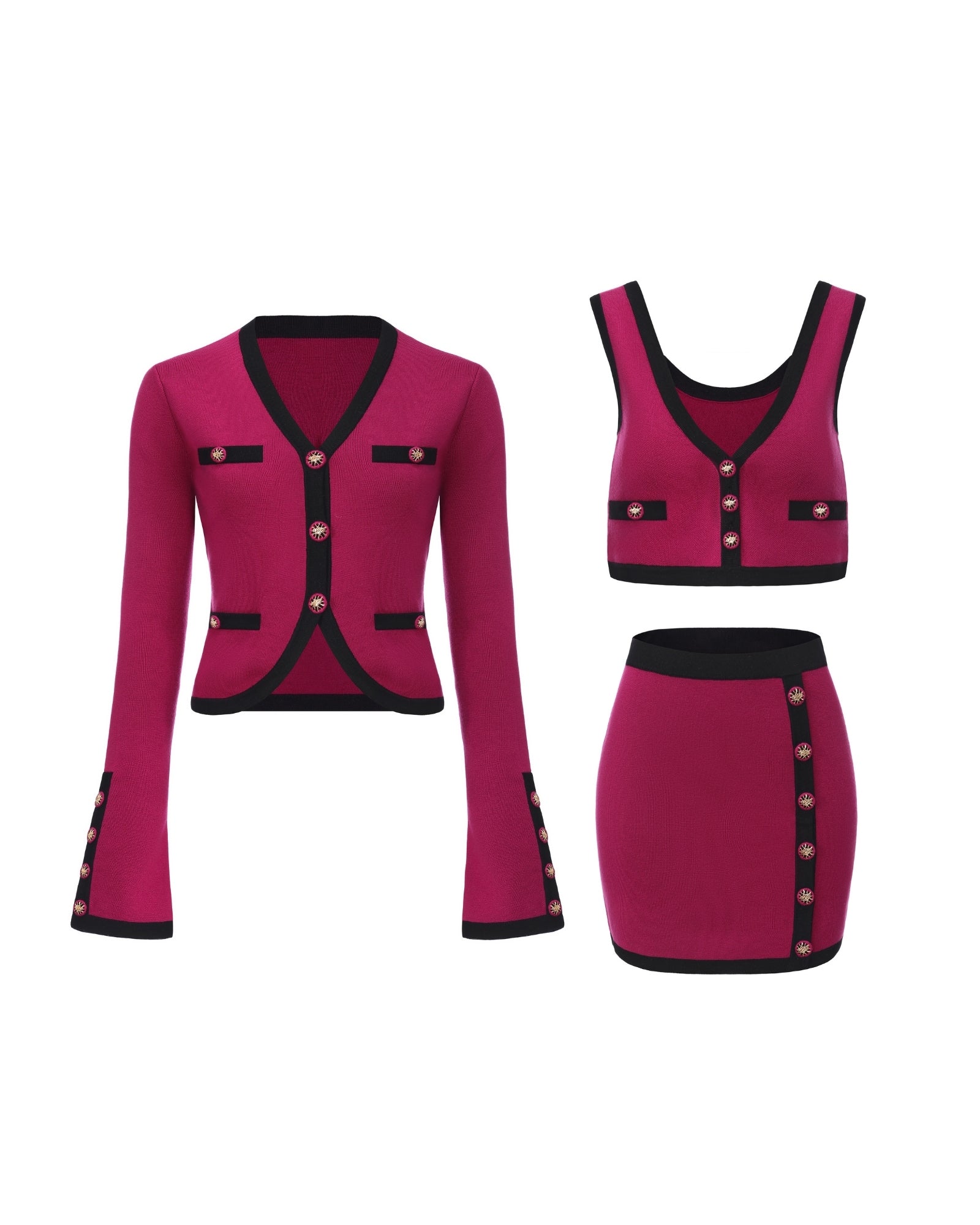 Magenta with black accents knit set with matching cardigan, top and skirt on a white background
