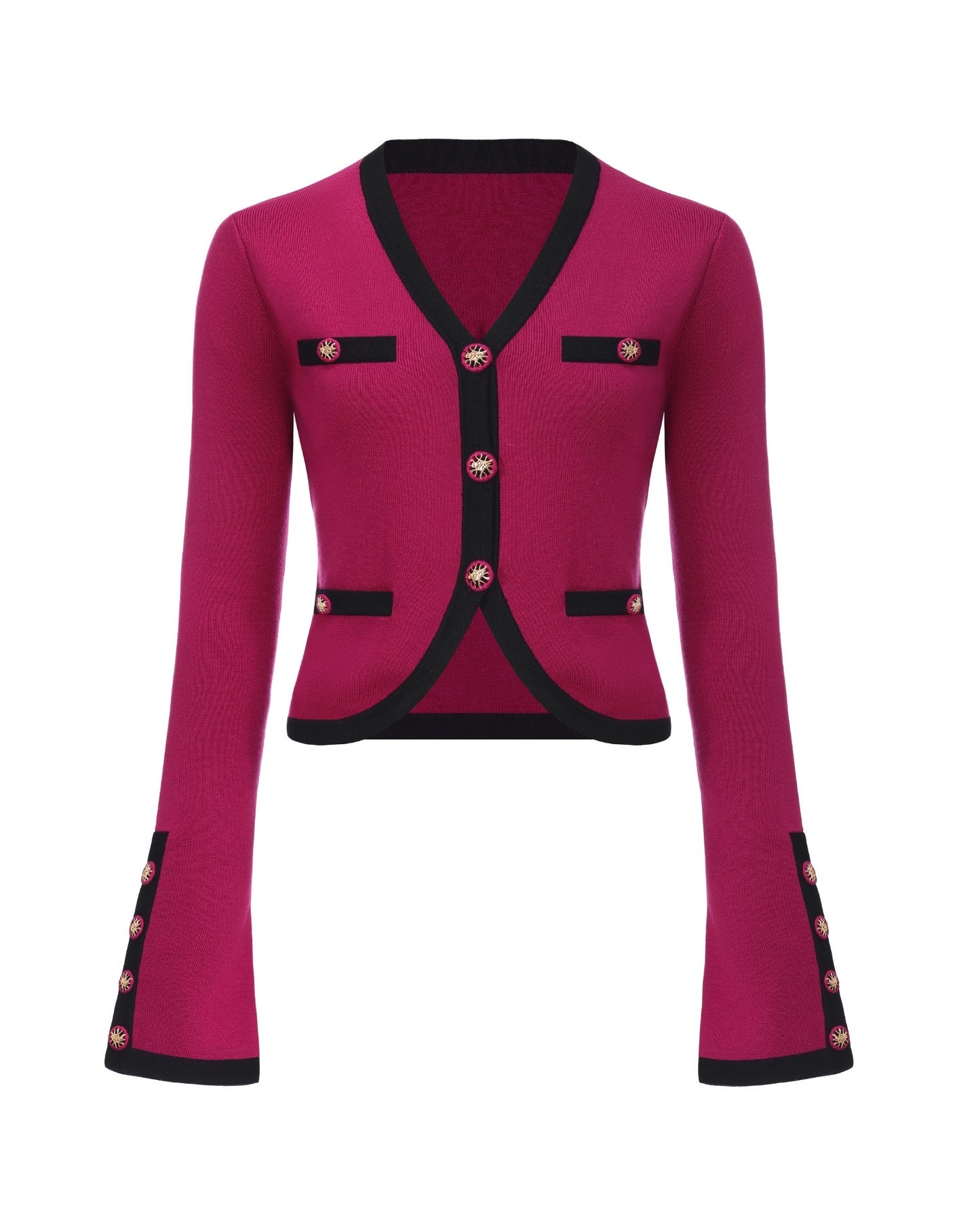 Dark pink knit cardigan with black trim, part of a matching set on a white background.