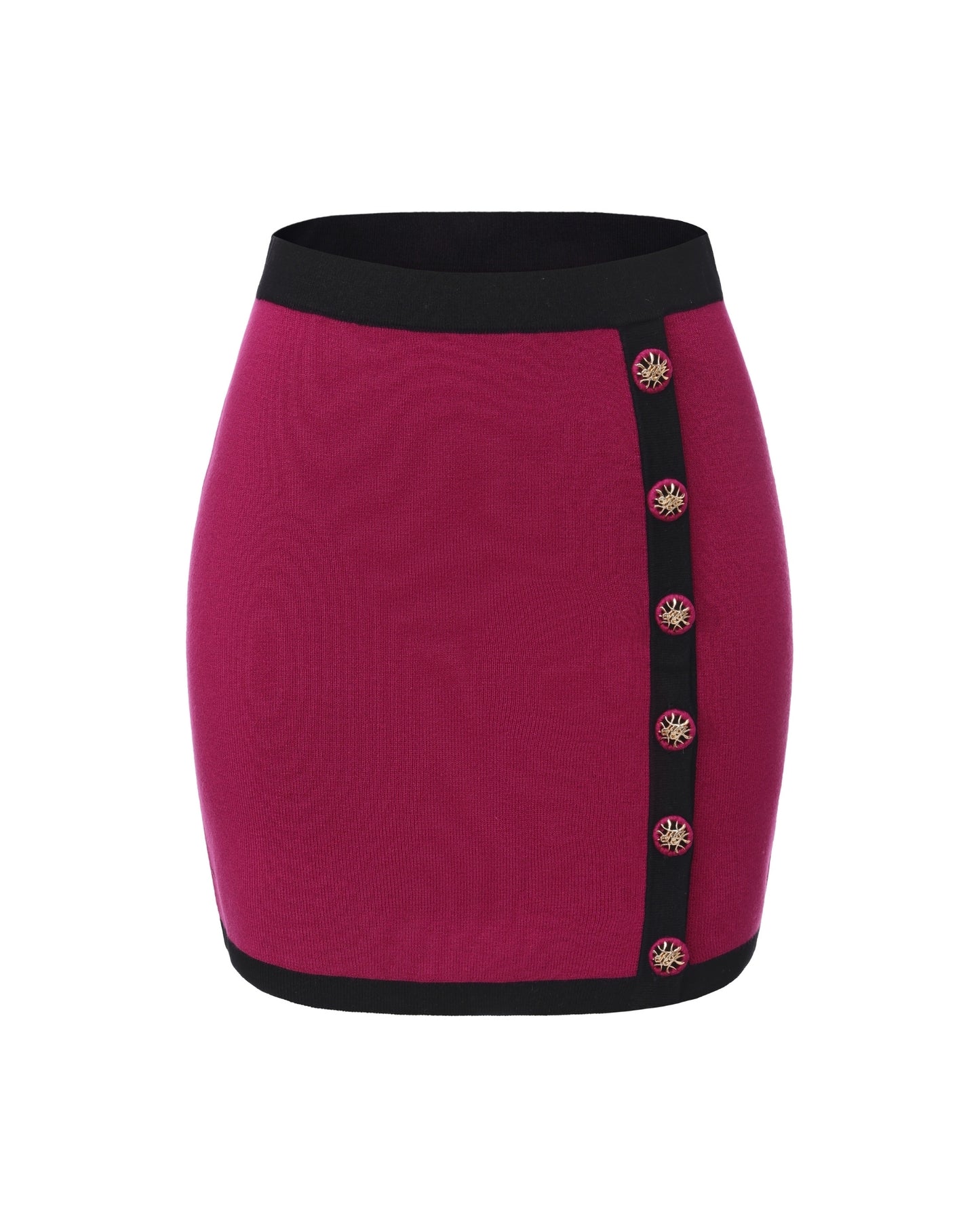 Rose red knit mini skirt with black waistband and decorative buttons on a white background
