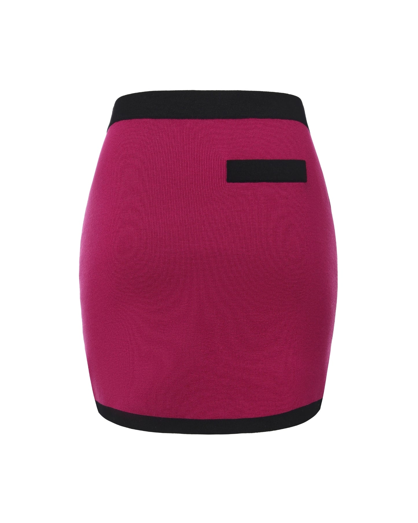 Rose red knit mini skirt with black trim on a white background