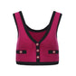 Magenta crop knit top with black trim, part of a matching set on a white background.