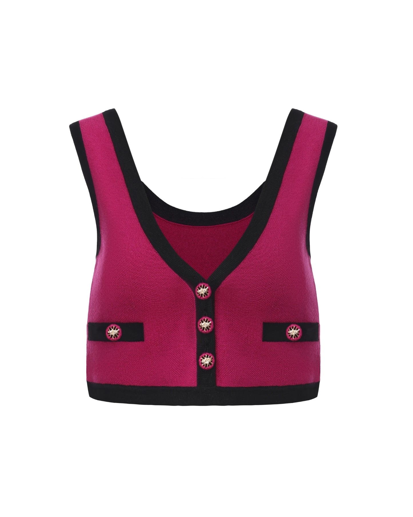 Magenta crop knit top with black trim, part of a matching set on a white background.