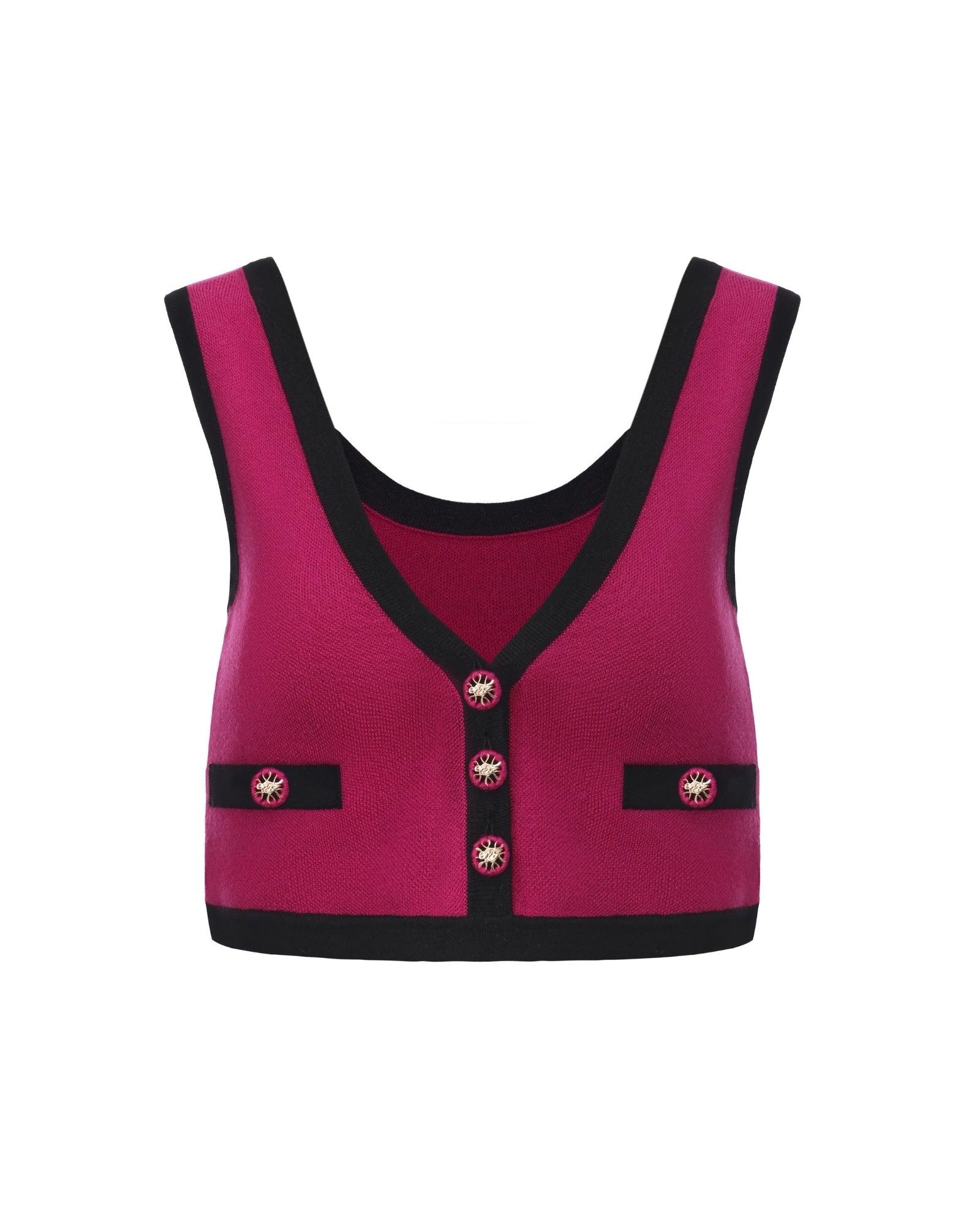 Magenta crop knit top with black trim, part of a matching set on a white background.