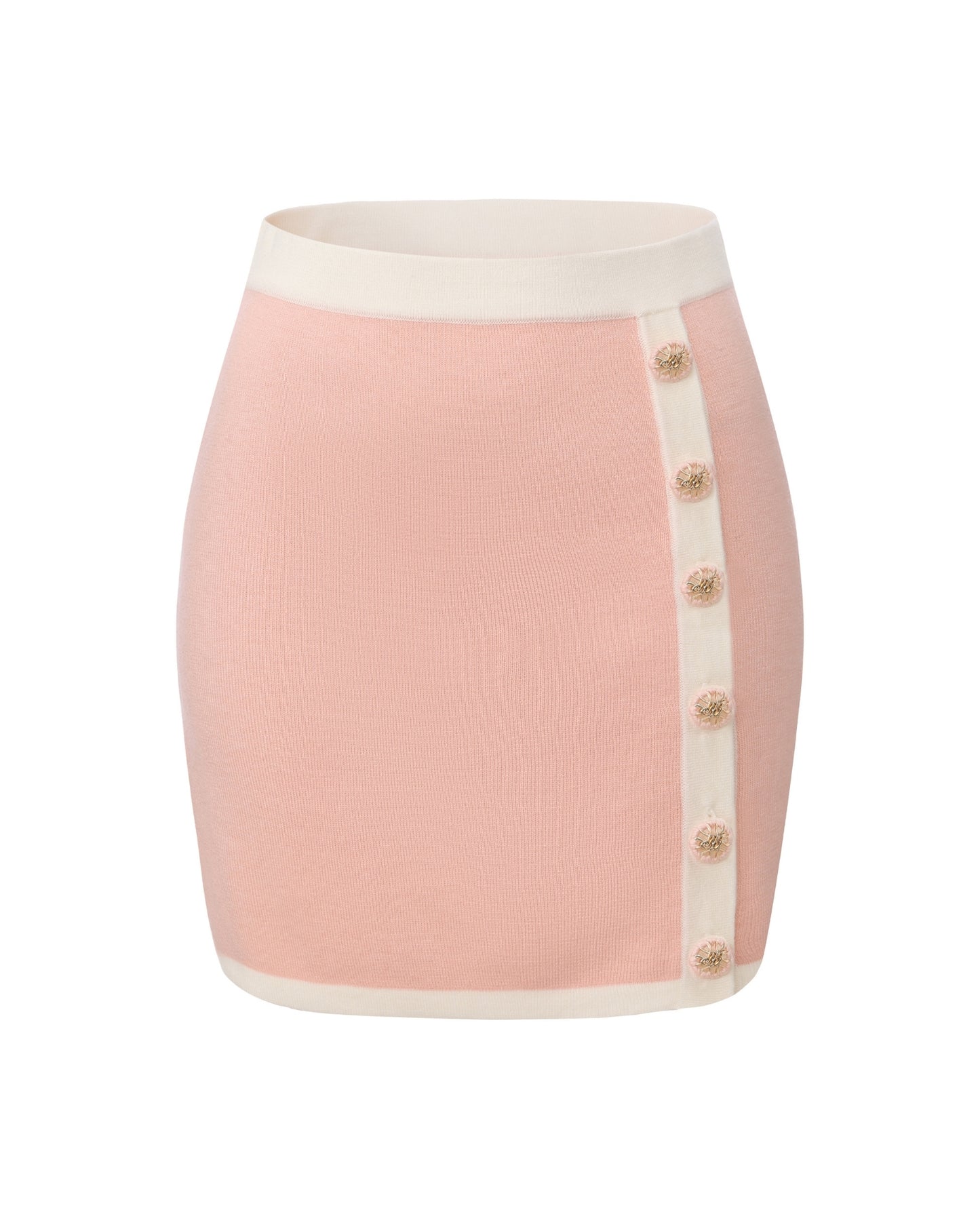 Pink knit mini skirt with white trim and gold buttons, part of a matching set on a white background.