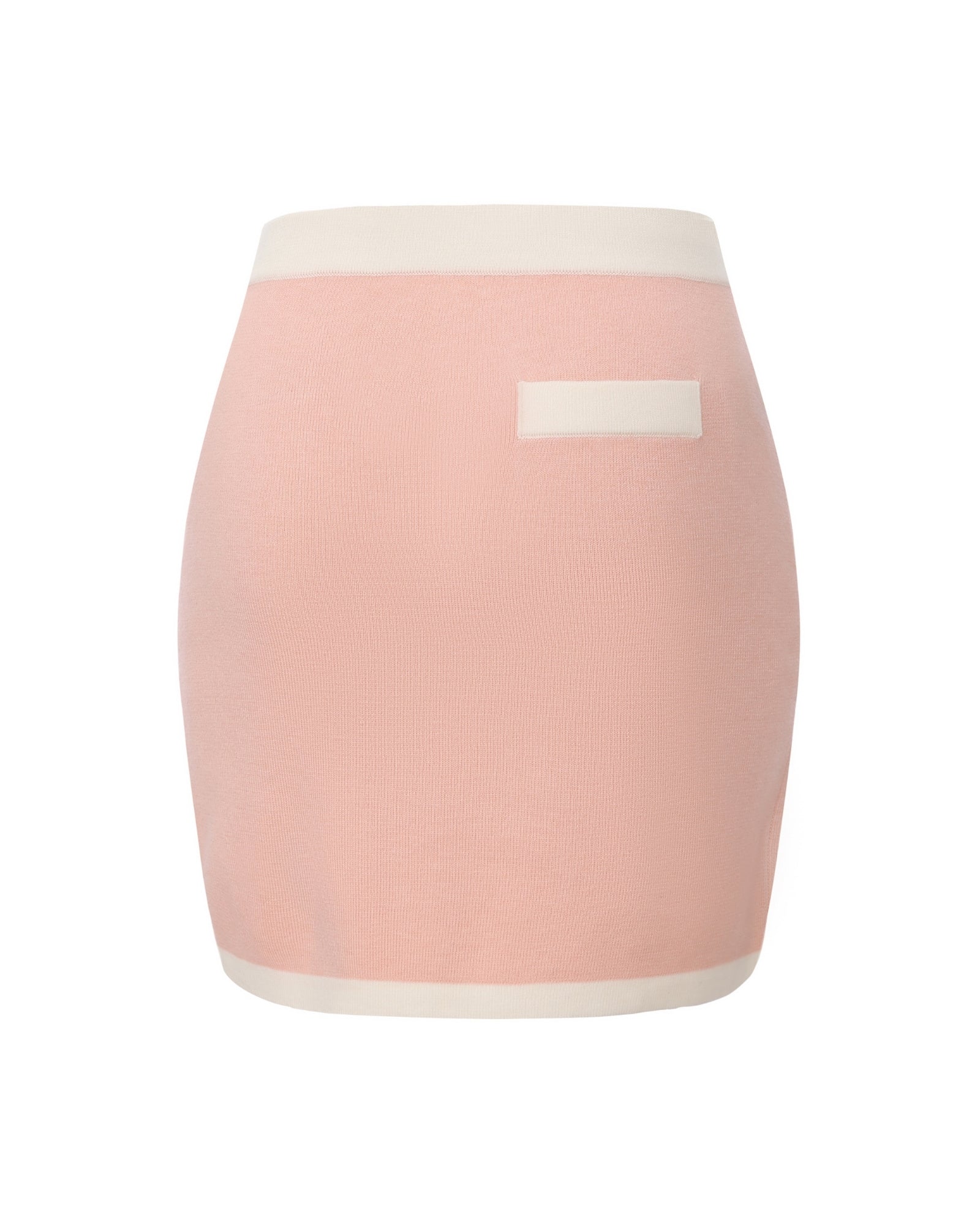 Pink knit mini skirt with white trim, part of a matching set on a white background.