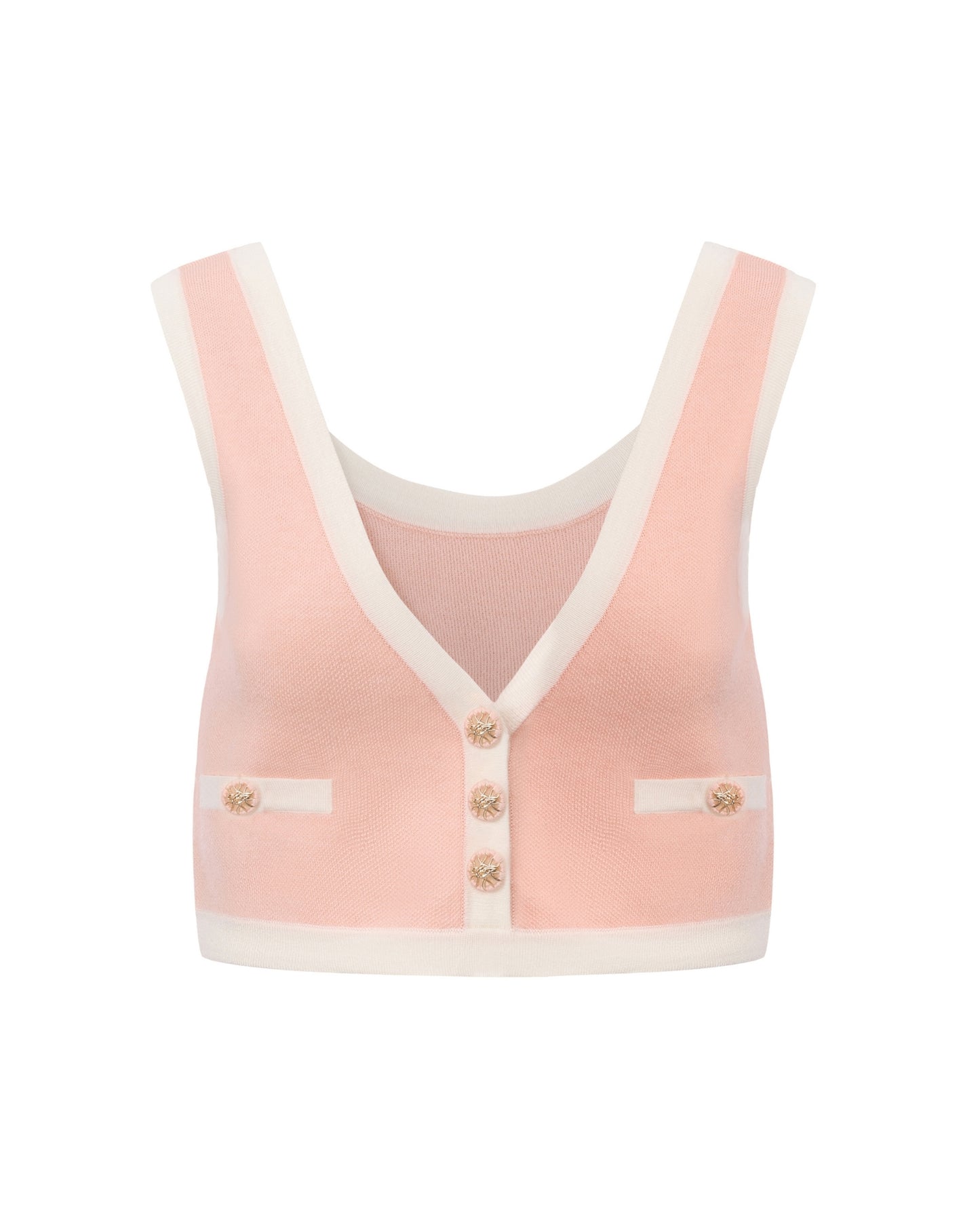 Pink and white knit top with decorative buttons, part of a matching set on a white background.