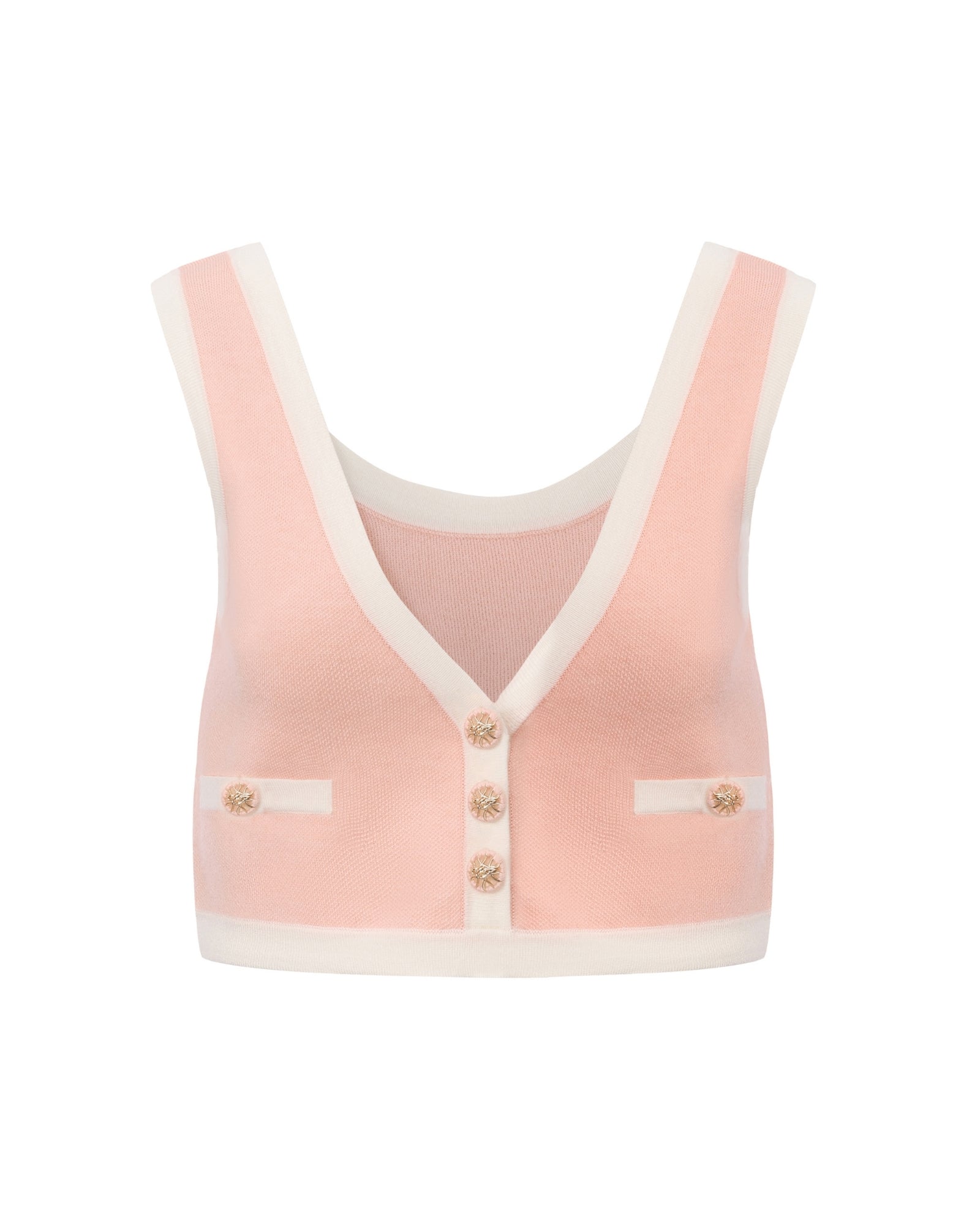 Pink and white knit top with decorative buttons, part of a matching set on a white background.