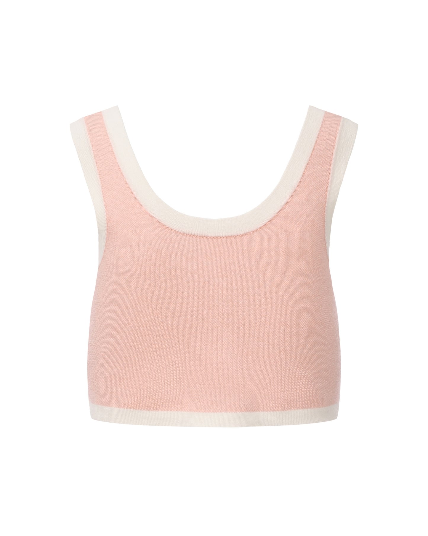 Pink and white knit top, part of a matching set on a white background.