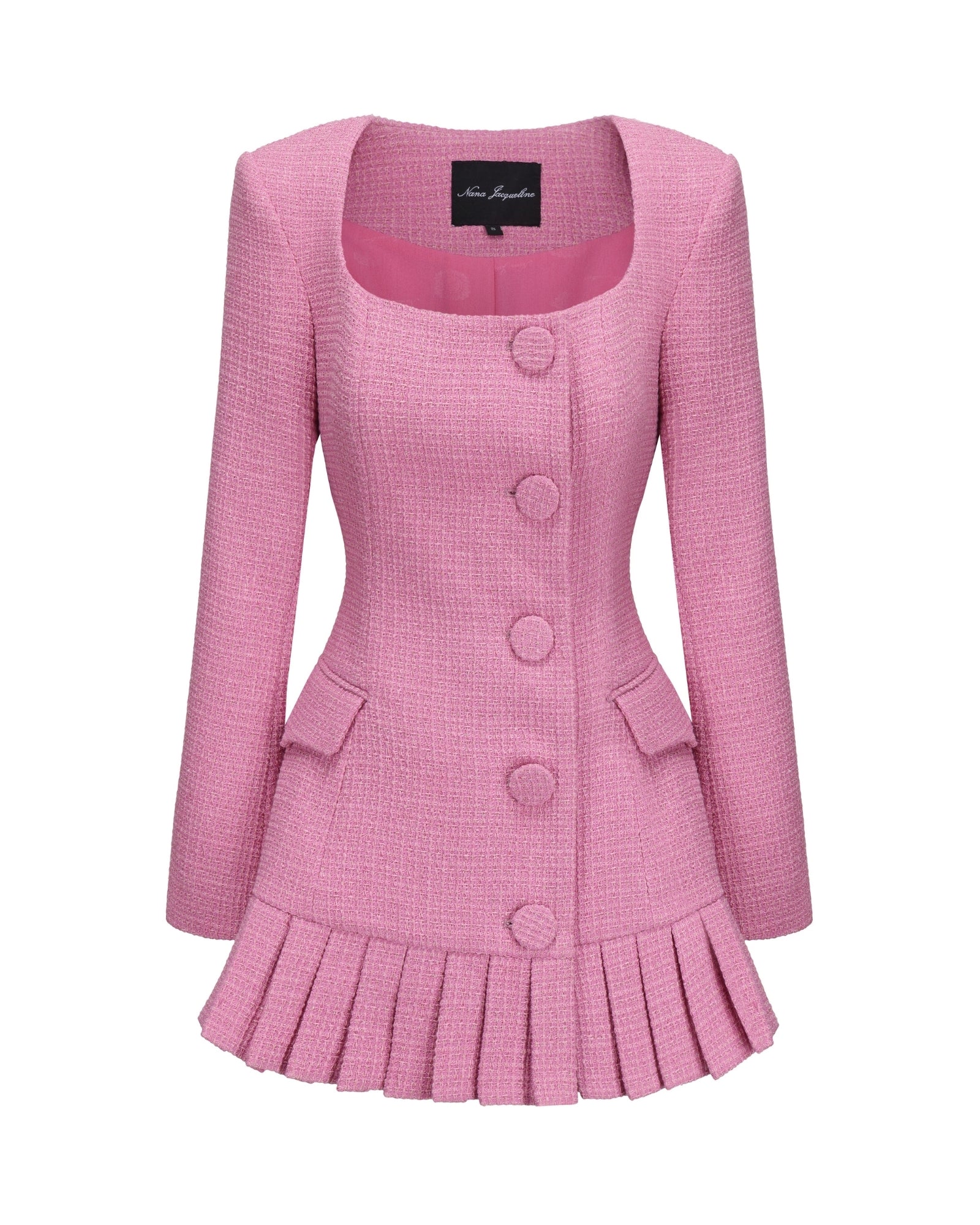 Pink pleated dress jacket on a white background