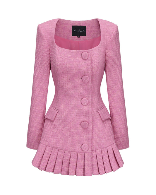Pink pleated dress jacket on a white background