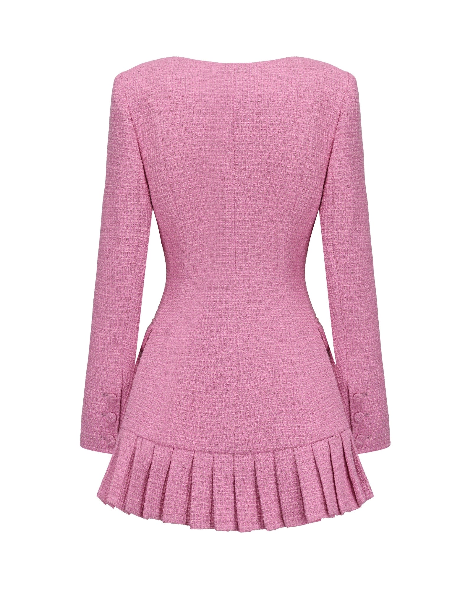 Pink jacket with pleated skirt on a white background