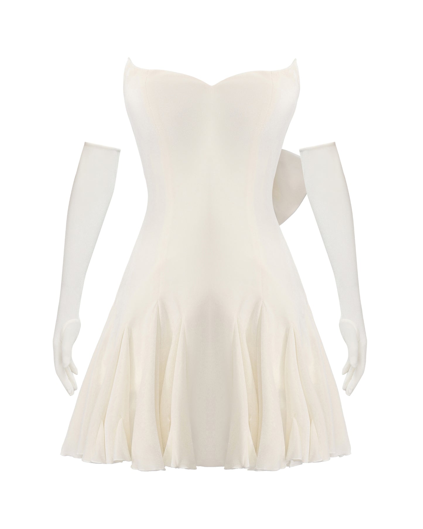 White sleeveless mini dress with long gloves on a white background