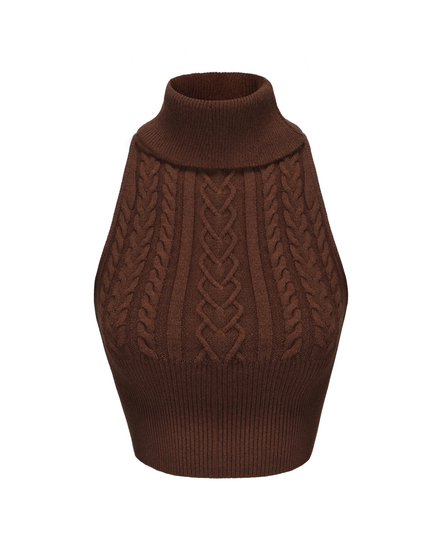 Brown knitted turtleneck crop top on a white background