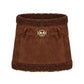 Brown suede mini skirt with shearling trim on a white background
