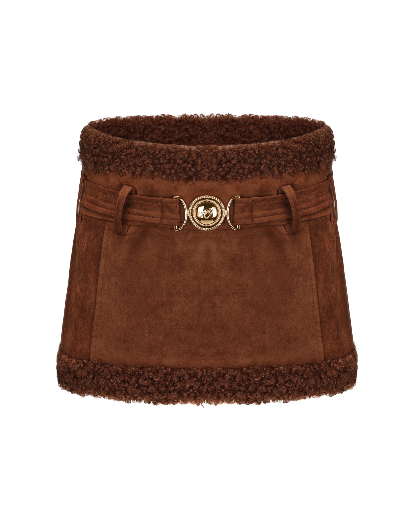 Brown suede mini skirt with shearling trim on a white background