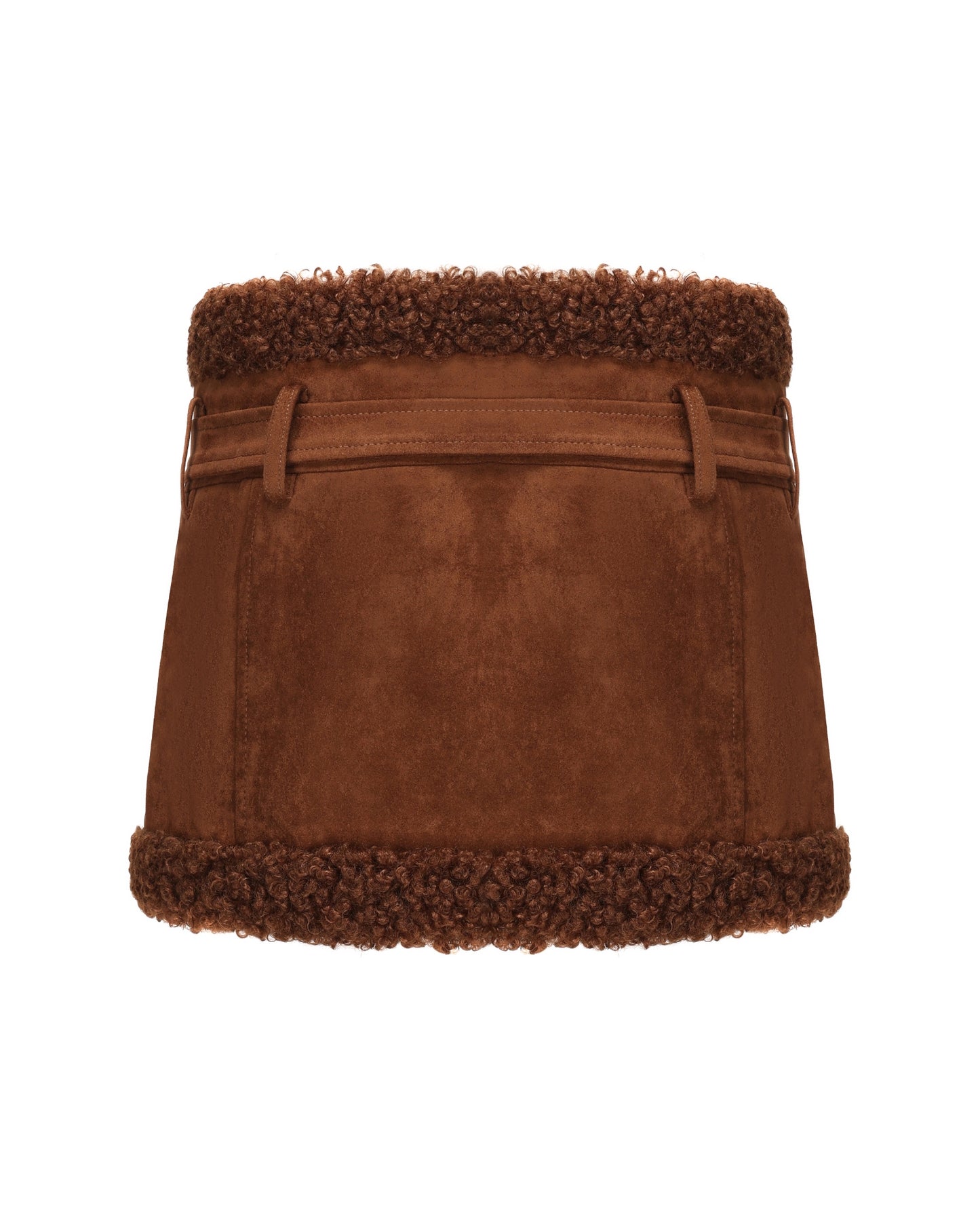 Brown suede mini skirt with fur trim on a white background