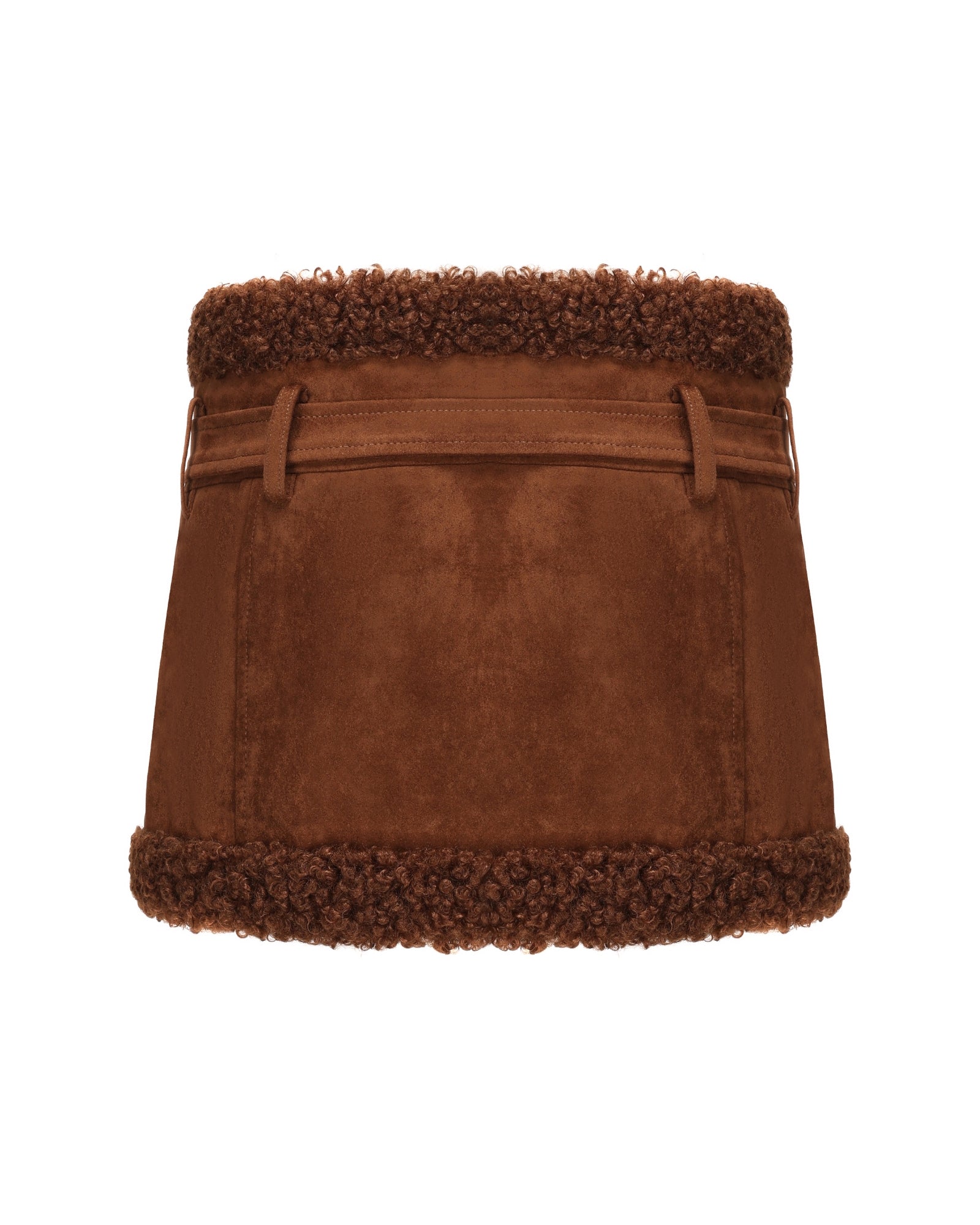 Brown suede mini skirt with fur trim on a white background