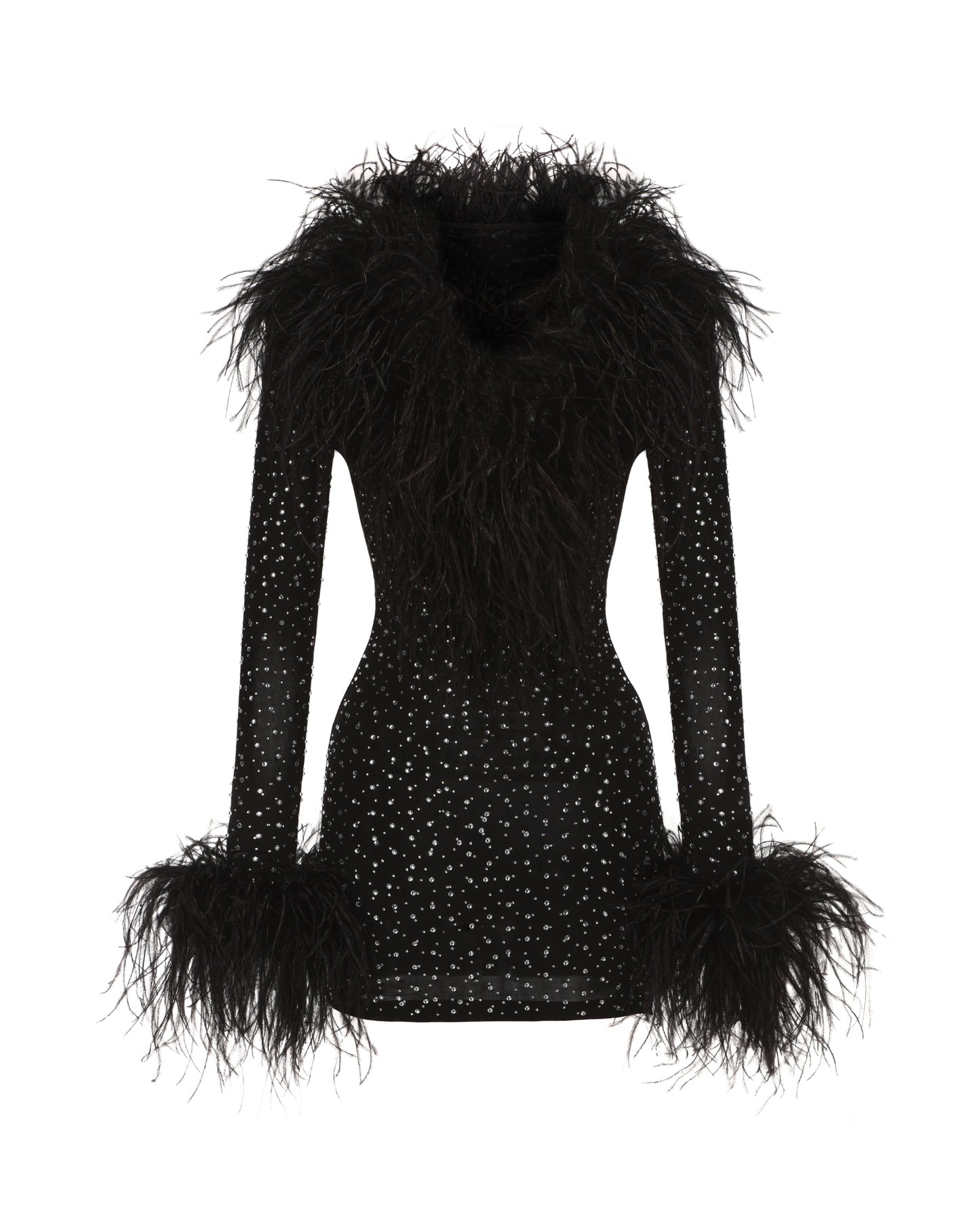Black diamond wool mini dress with feathered trim on a white background