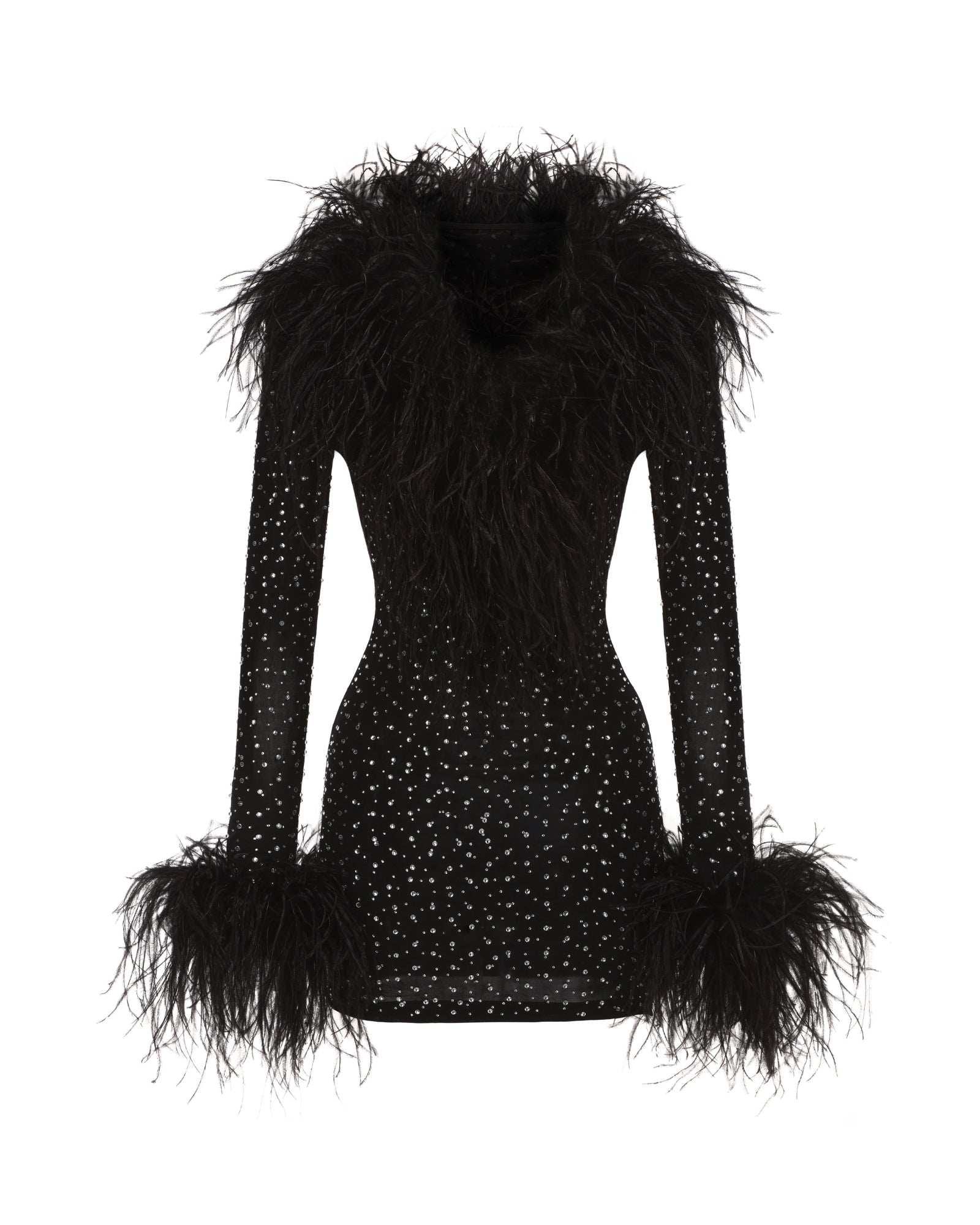 Black diamond wool mini dress with feathered trim on a white background