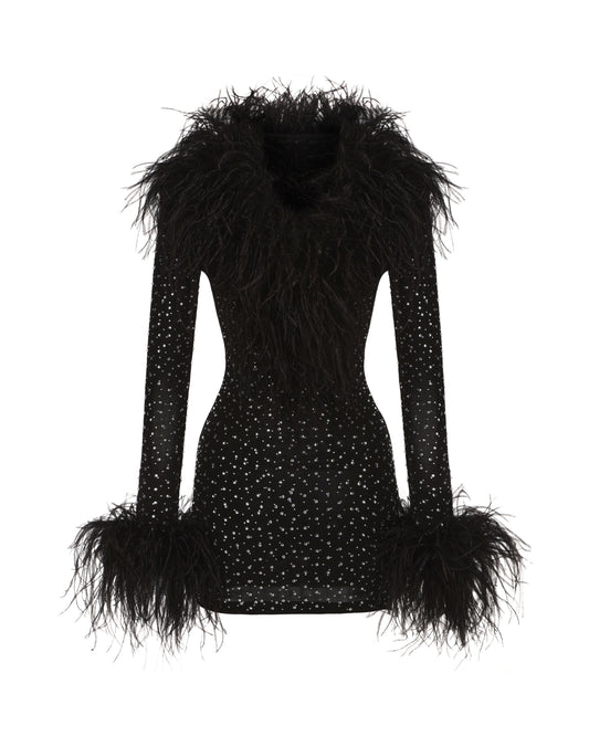 Black diamond wool mini dress with feathered trim on a white background