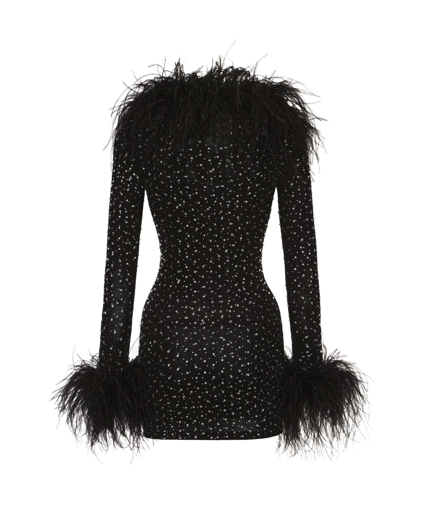 Black diamond wool mini dress with feathered trim on a white background
