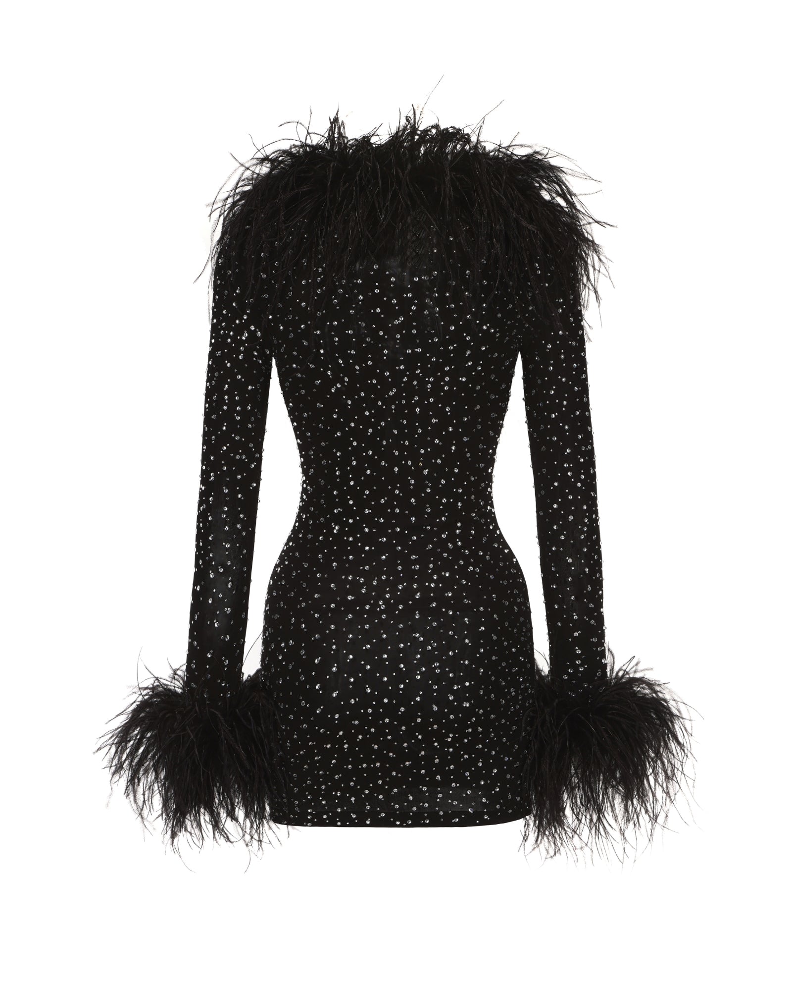 Black diamond wool mini dress with feathered trim on a white background