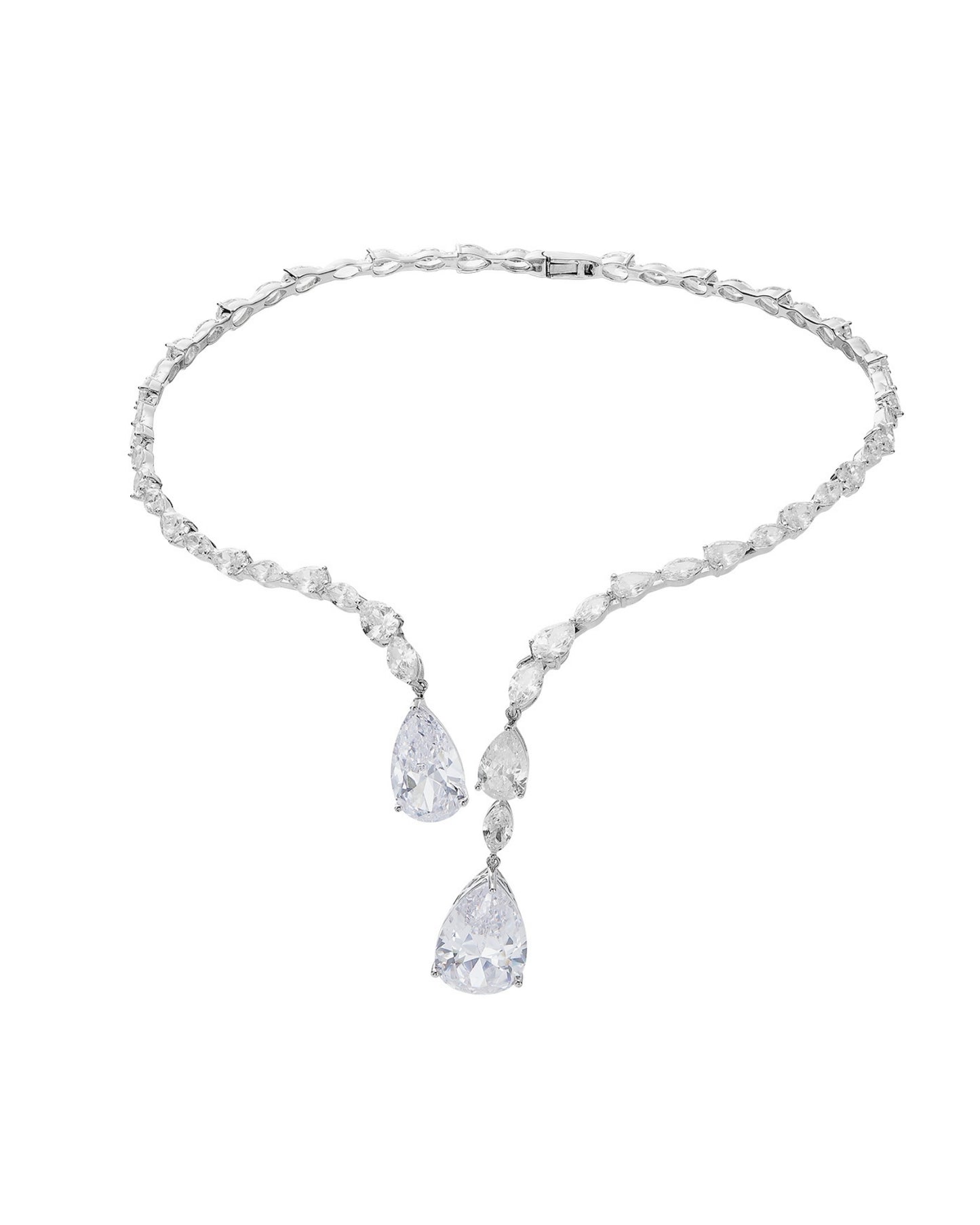 Silver necklace with teardrop-shaped pendants on a white background