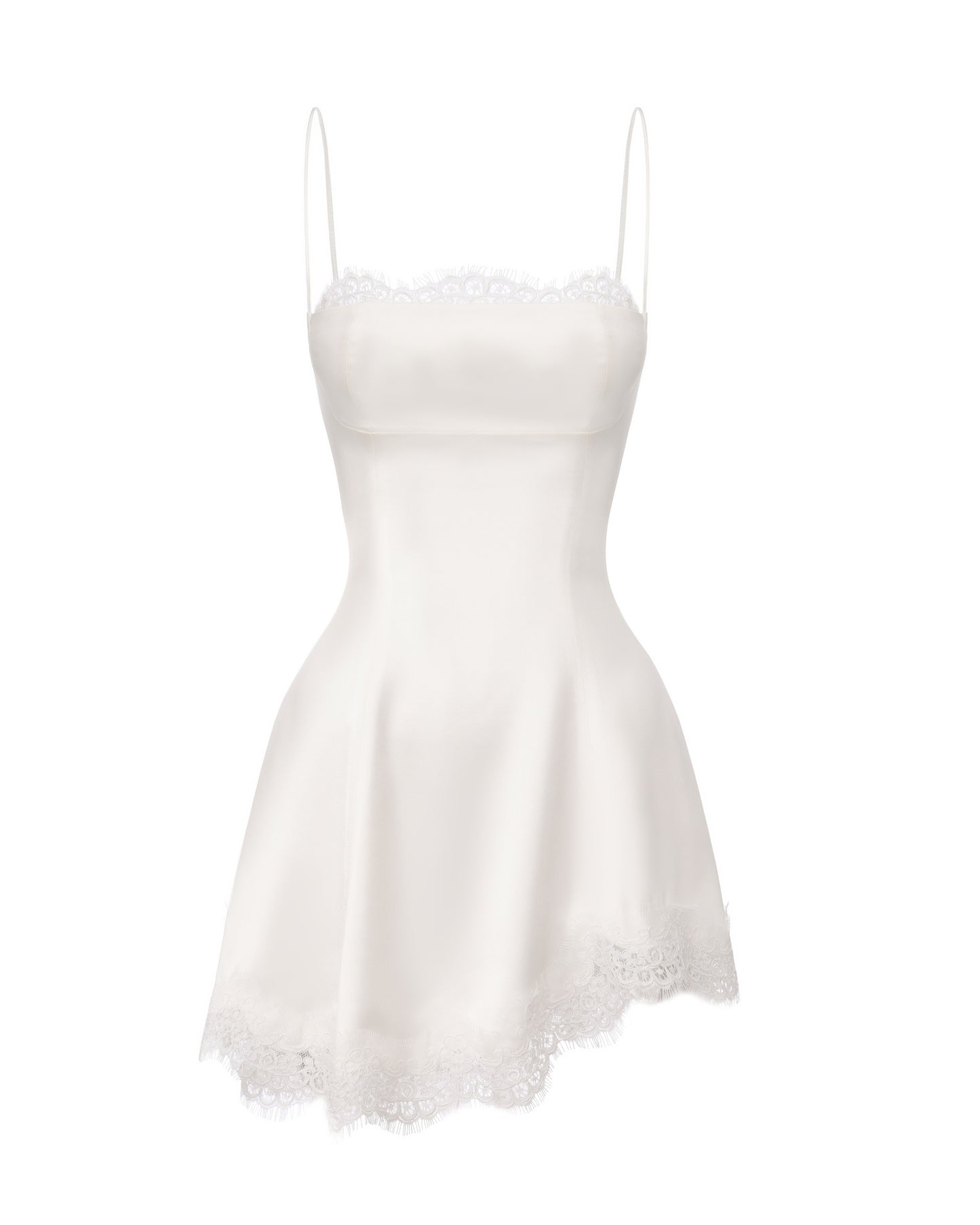 White silk mini dress with lace details on a white background