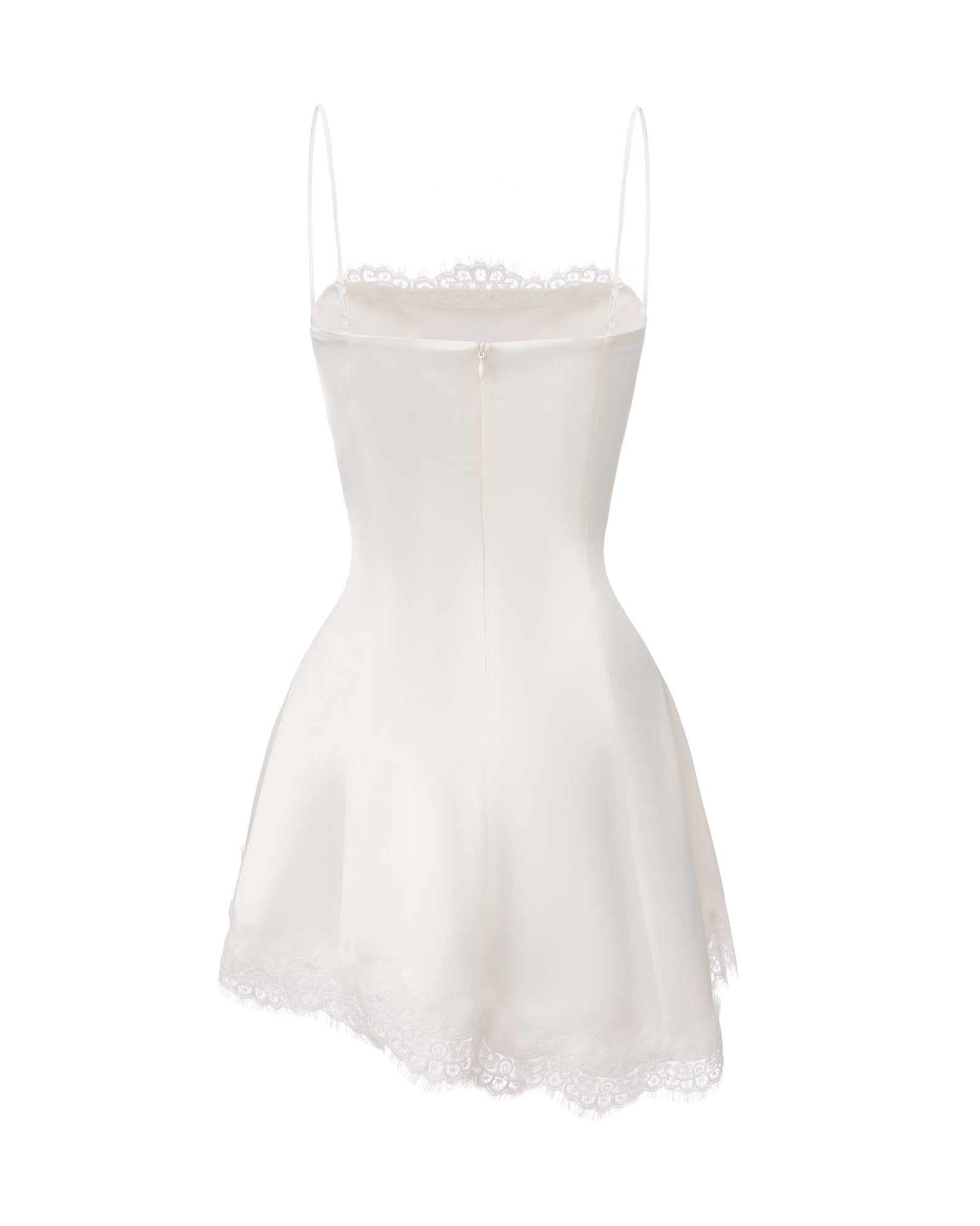 White silk mini dress accented with lace trim, shown on a white background.