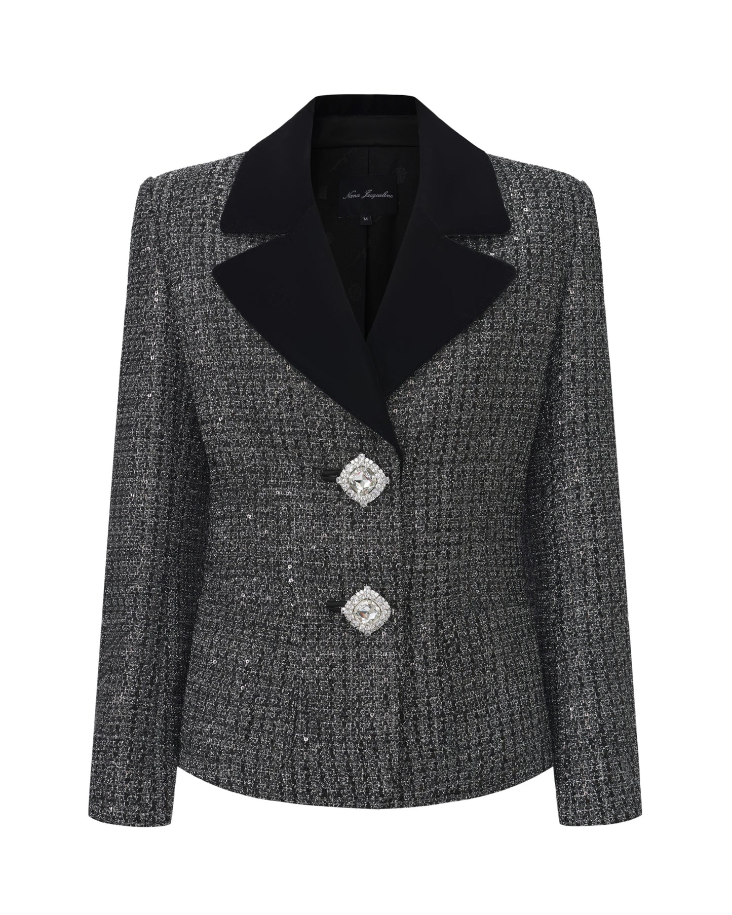 Black and silver jacket with velvet lapel on a white background